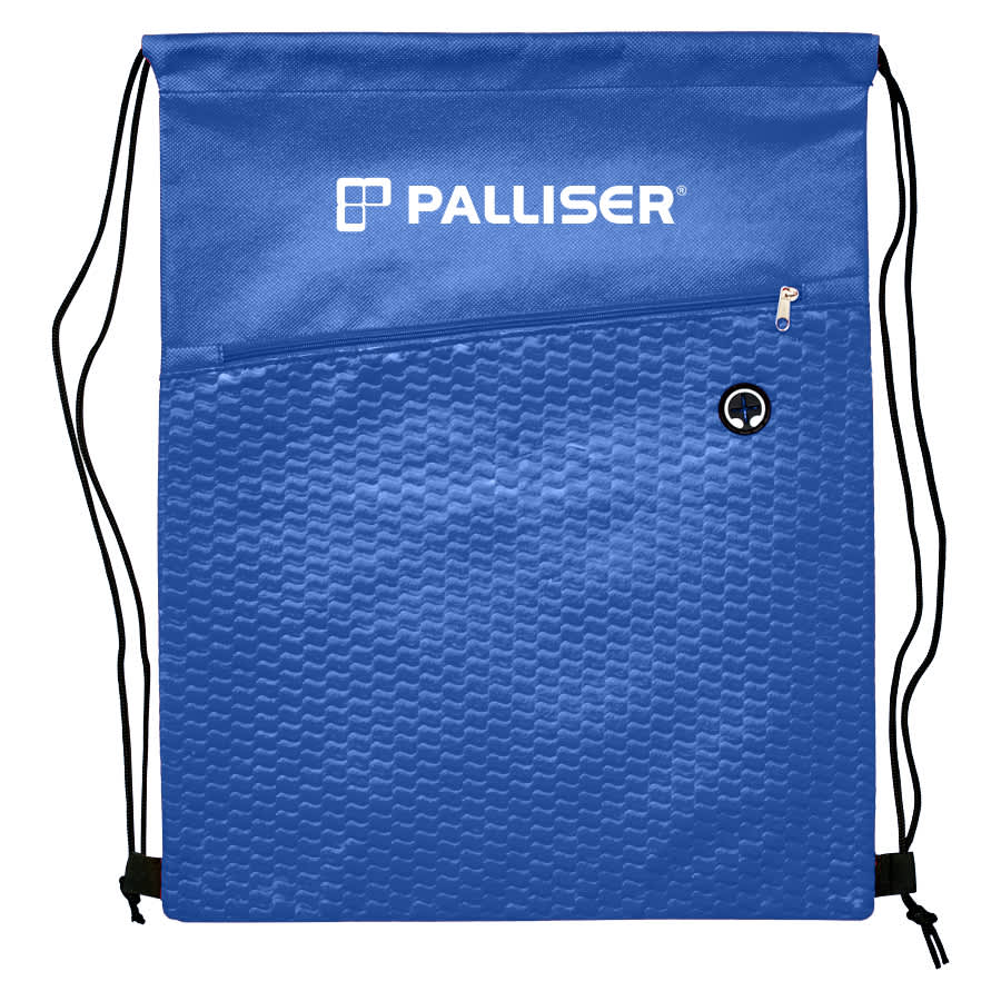A blue drawstring bag with a textured design and a front pocket, featuring a logo.