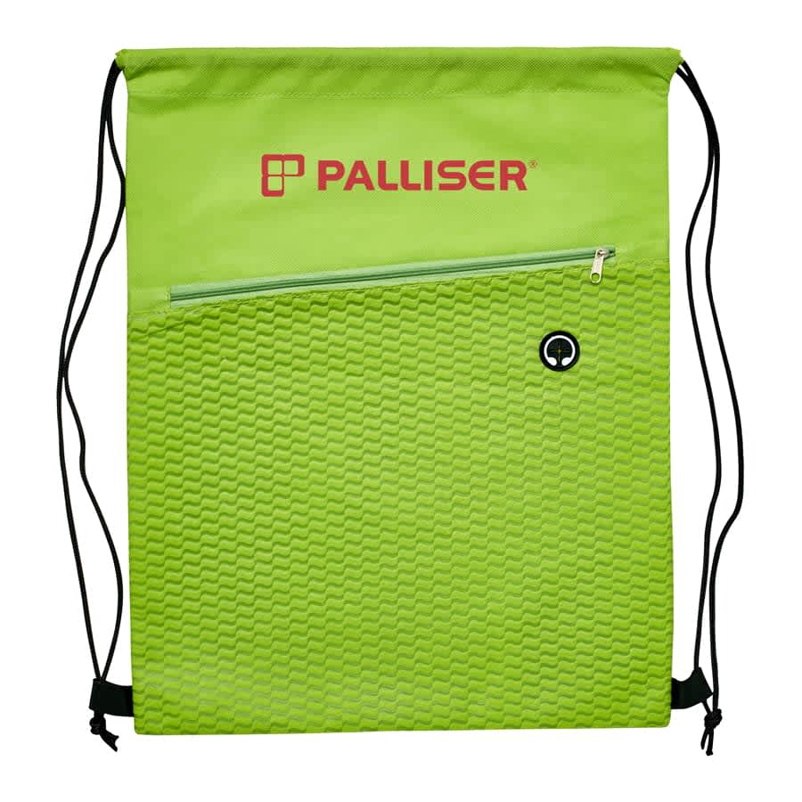 A vibrant green drawstring bag featuring a textured design and a front pocket. It has a logo and black drawstrings.