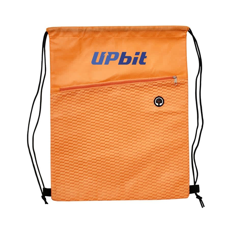 An orange drawstring bag with a textured design and a front zip pocket, featuring a logo.