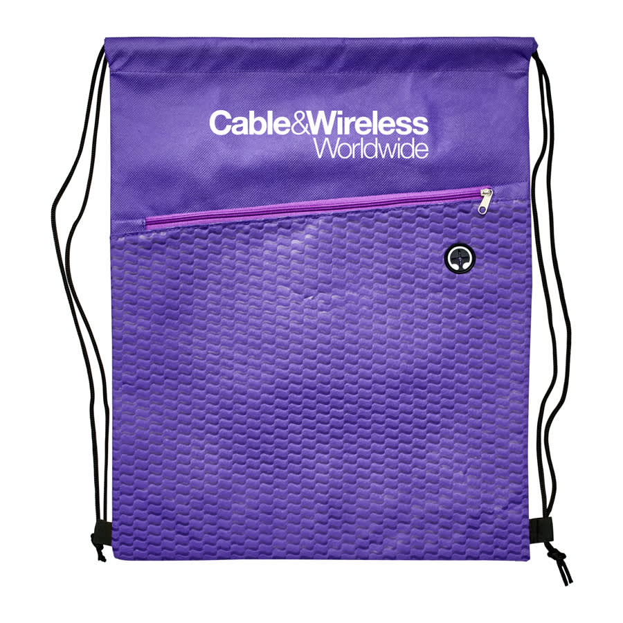 A purple drawstring bag featuring a textured design and a zippered front pocket, with a logo on the top.