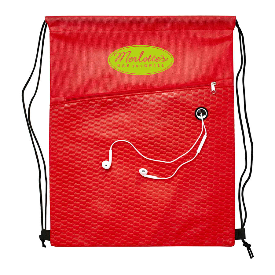 A red drawstring bag featuring a textured design and an exterior pocket with a headphone port. It has a logo on the front.