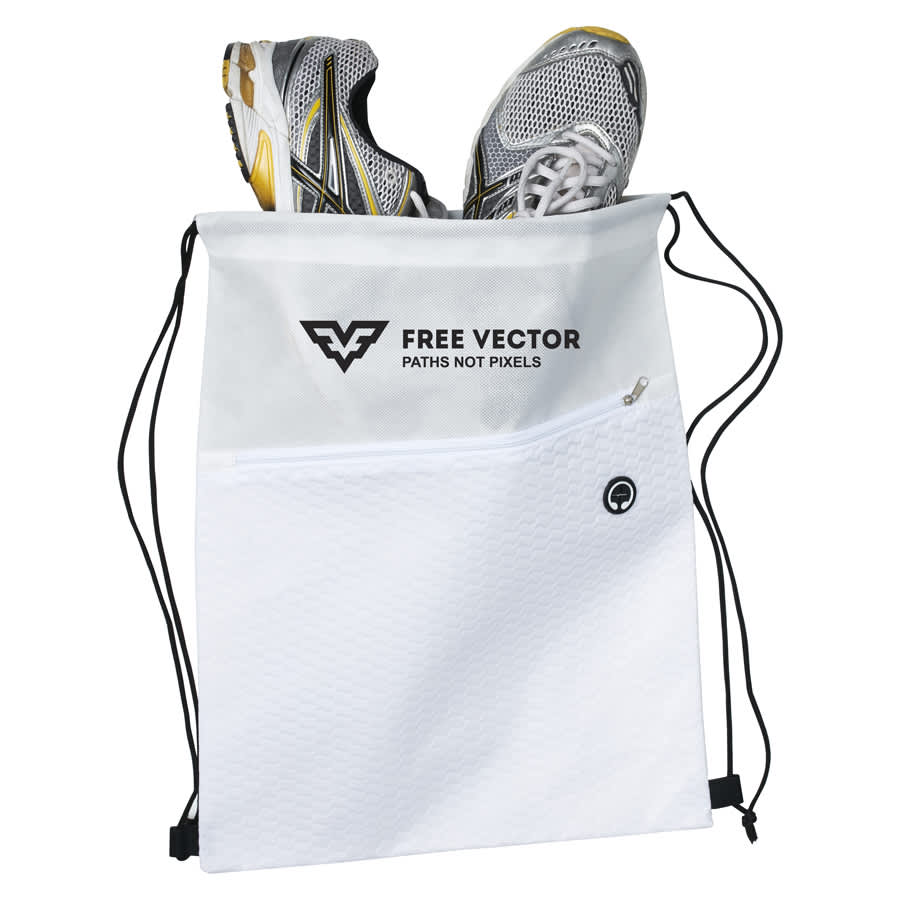 A white drawstring bag containing a pair of grey and yellow sports shoes, featuring a logo and a zip pocket.