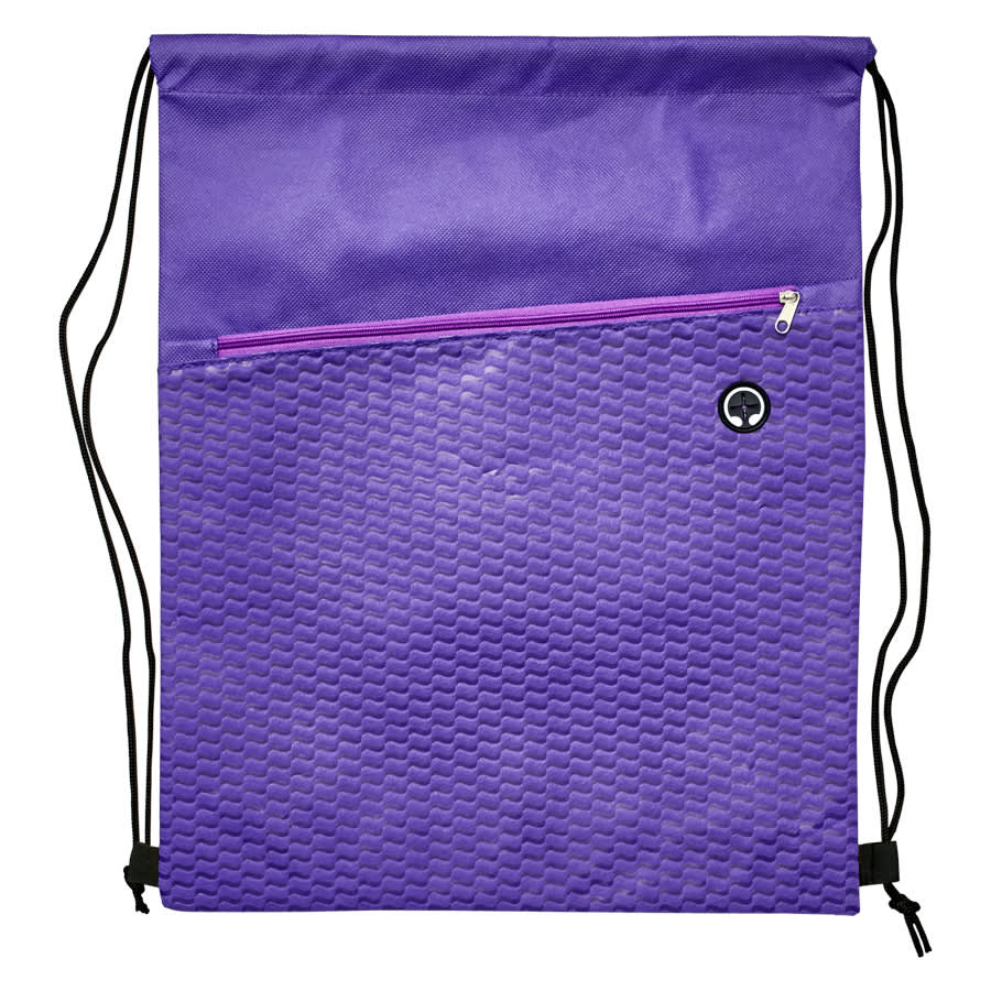 A purple drawstring bag featuring a textured pattern and a zippered pocket, with adjustable drawstrings and a logo.