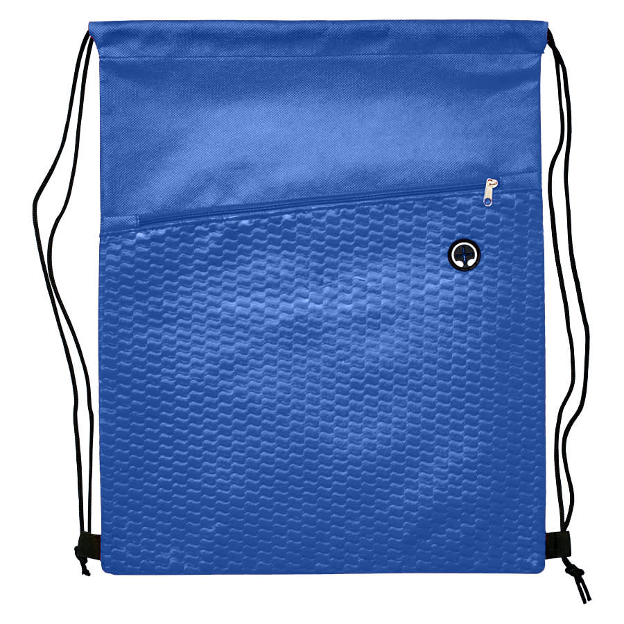 A blue drawstring bag with a textured pattern and a zippered pocket. It features black drawstrings and a logo.