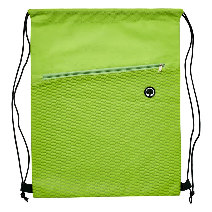 A bright green Waves Drawstring Bag featuring a textured design and a zippered pocket, with black drawstrings.