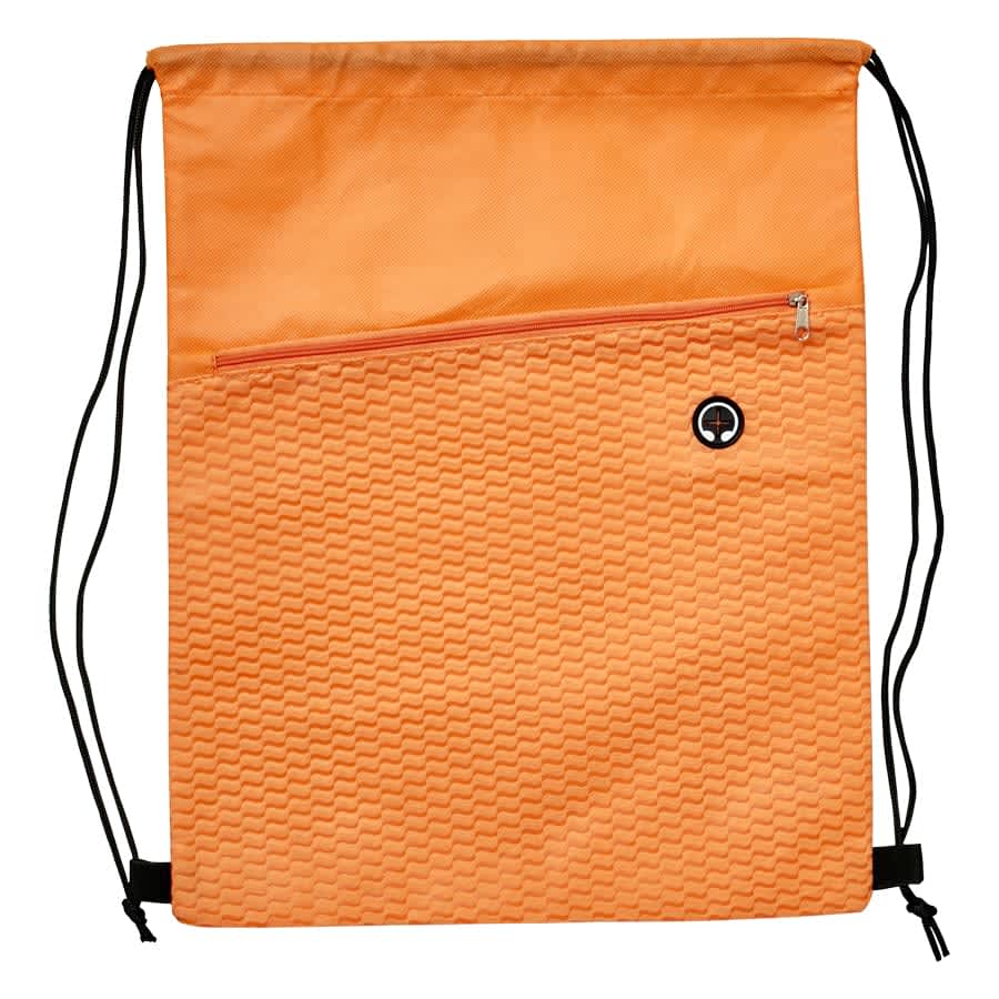 An orange drawstring bag with a textured design and a front zipper pocket, featuring a branding logo.