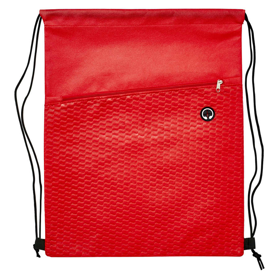 A red drawstring bag featuring a textured design and a zipped pocket, with adjustable straps and a logo.