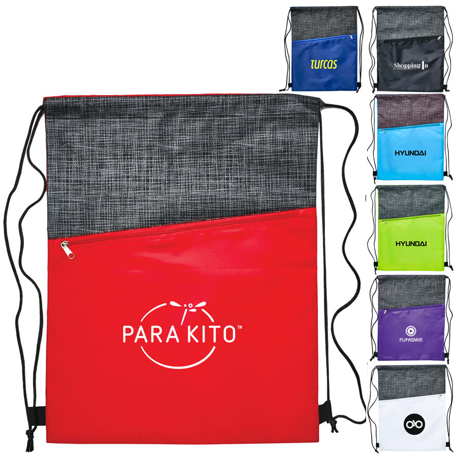 A red and grey crosshatch drawstring bag with a zip pocket and a logo, featuring various colour options displayed alongside.
