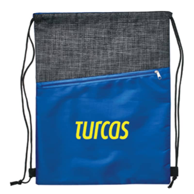 A blue drawstring bag with a grey top panel and a zippered pocket, featuring a logo on the front.