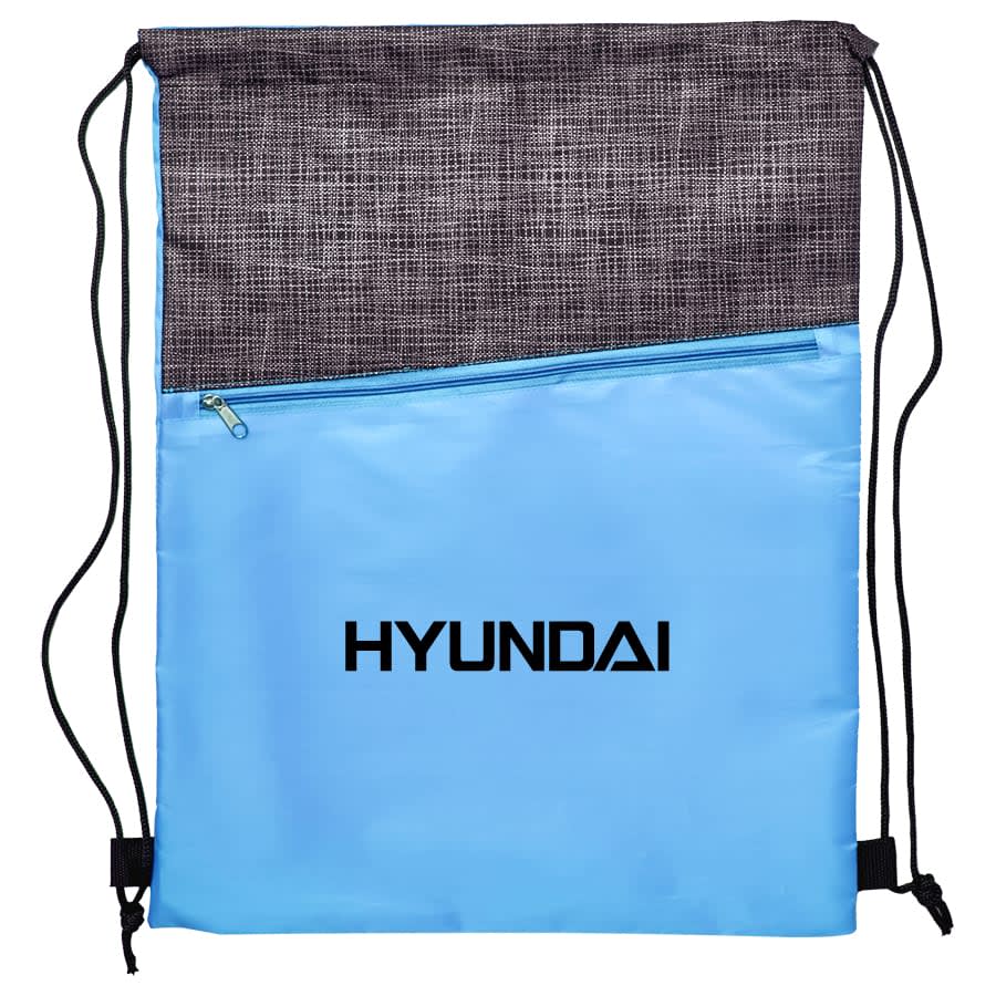 A drawstring bag in light blue with a dark grey textured top and a zip pocket, featuring a logo.