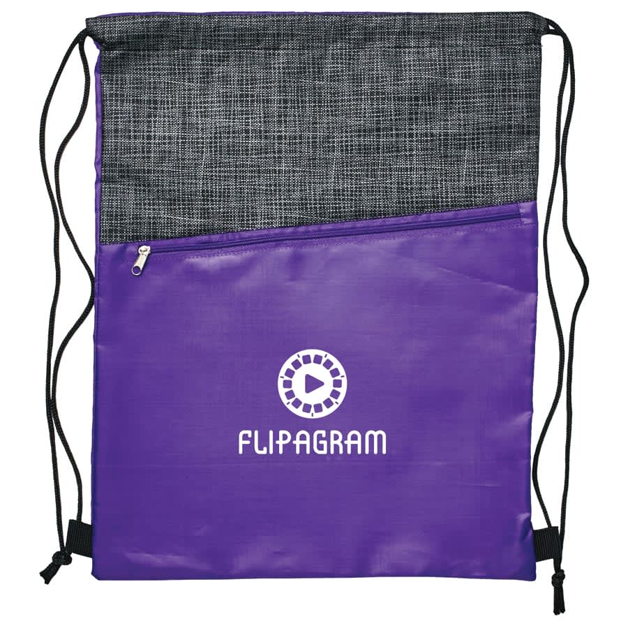 A purple drawstring bag with a grey crosshatch top and a front zip pocket, featuring a logo.
