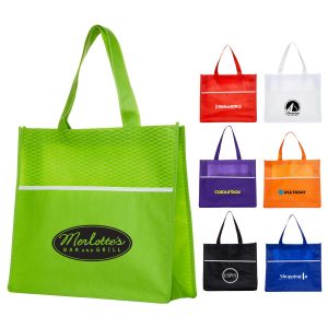 A green shopping tote bag with a textured design and matching handles, featuring a branding logo.