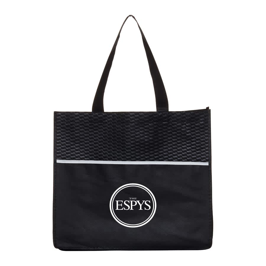 A black shopping tote bag featuring a textured upper and a circular logo at the centre.