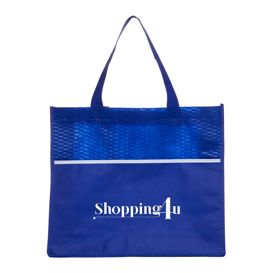 A blue shopping tote bag with a textured design and a white accent strip, featuring a logo.