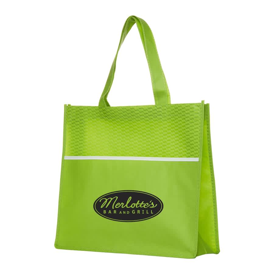 A green shopping tote bag featuring a textured design and a logo on the front.