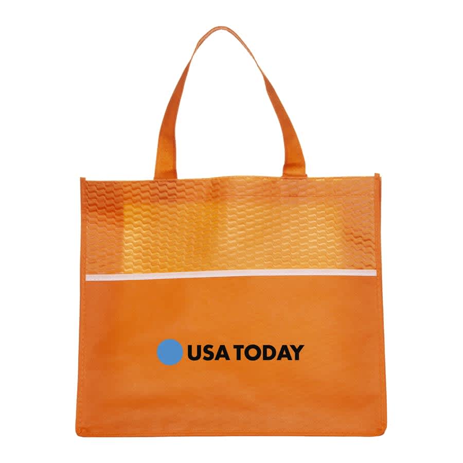 An orange tote bag with a textured top and a white strip, featuring a logo on the front.