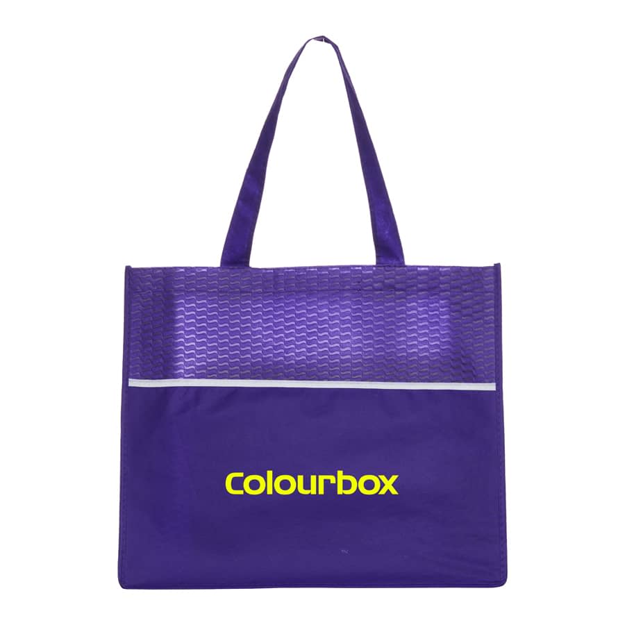 A purple shopping tote bag featuring a textured design and a logo. It has two sturdy handles for carrying.
