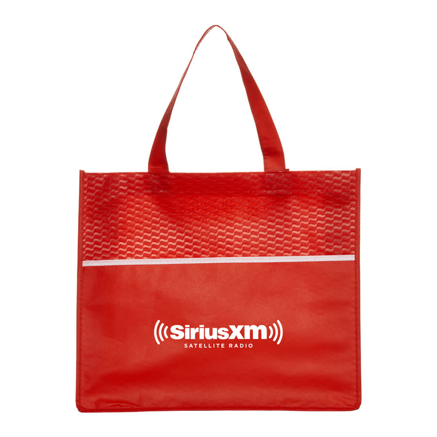 A red shopping tote bag with a textured design and a white stripe, featuring a logo on the front.