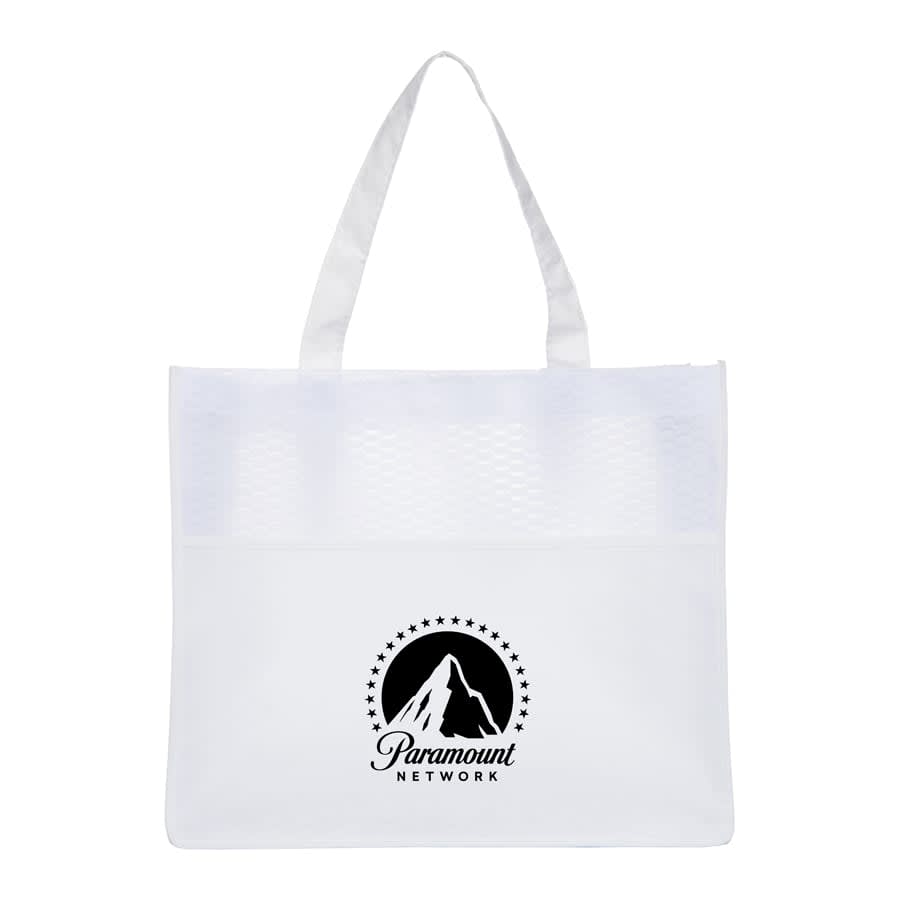 A white shopping tote bag with a mesh design and a logo featuring a mountain and stars.