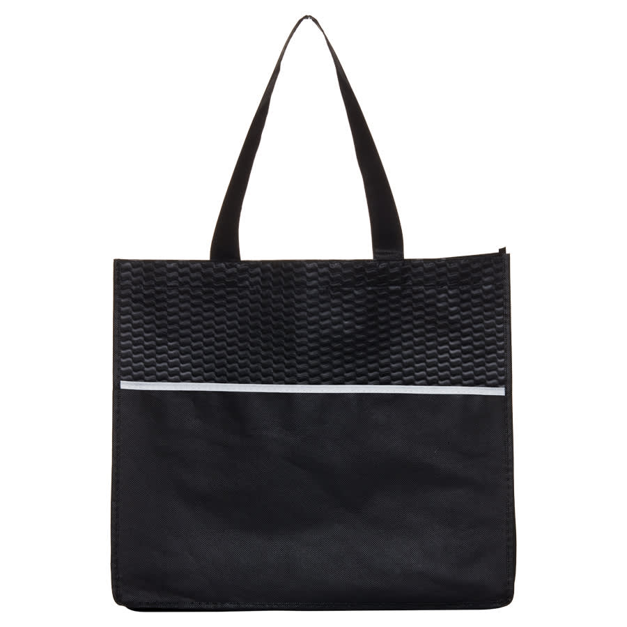 A black shopping tote bag with a textured top section and a plain lower section. It features two sturdy handles.