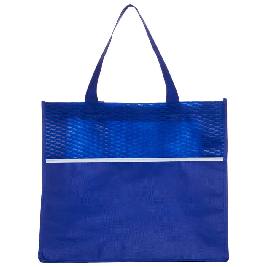 A blue shopping tote bag featuring a textured overlay and a white band across the front. Includes a logo.