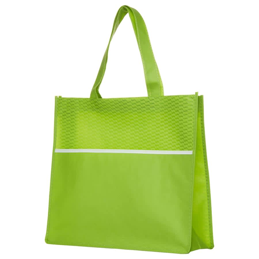 A green shopping tote bag with a textured design and a white stripe across the front. It has sturdy handles and a logo.