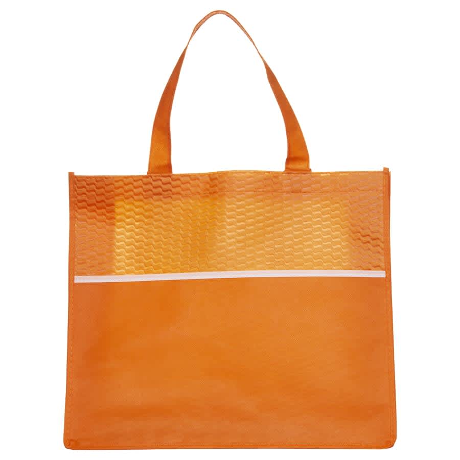 An orange shopping tote bag featuring a textured design and a white trim across the top. It has sturdy handles and a logo.