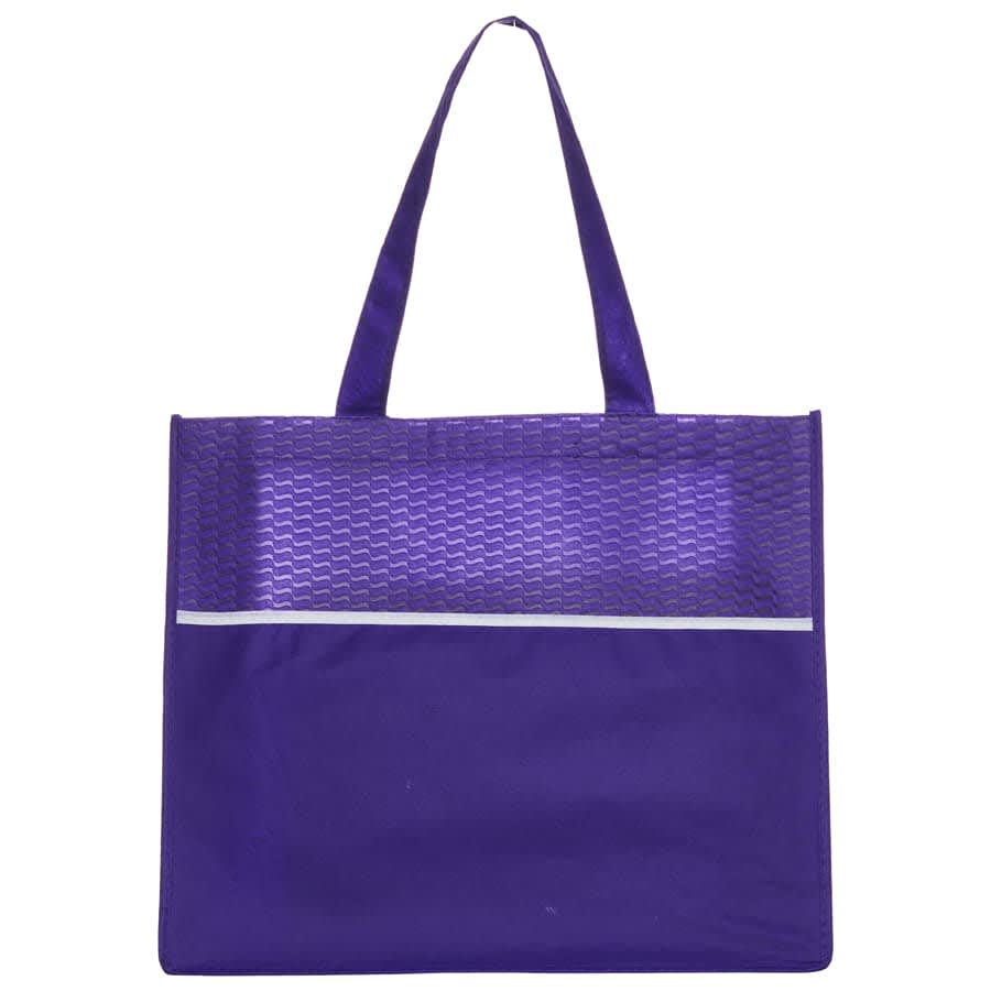 A purple shopping tote bag with a textured wave pattern and two handles. It features a white stripe across the front.