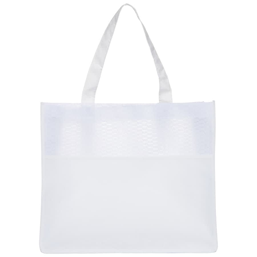 A white shopping tote bag featuring a mesh top and solid base, with two sturdy fabric handles and a logo.