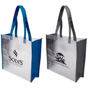 A tote bag in blue and grey with a transparent body and branding on both sides.