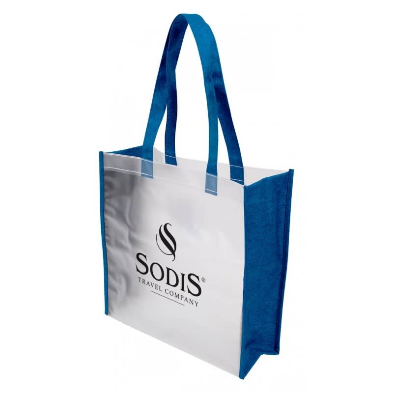 A tote bag featuring a transparent body with blue handles and a branding logo.