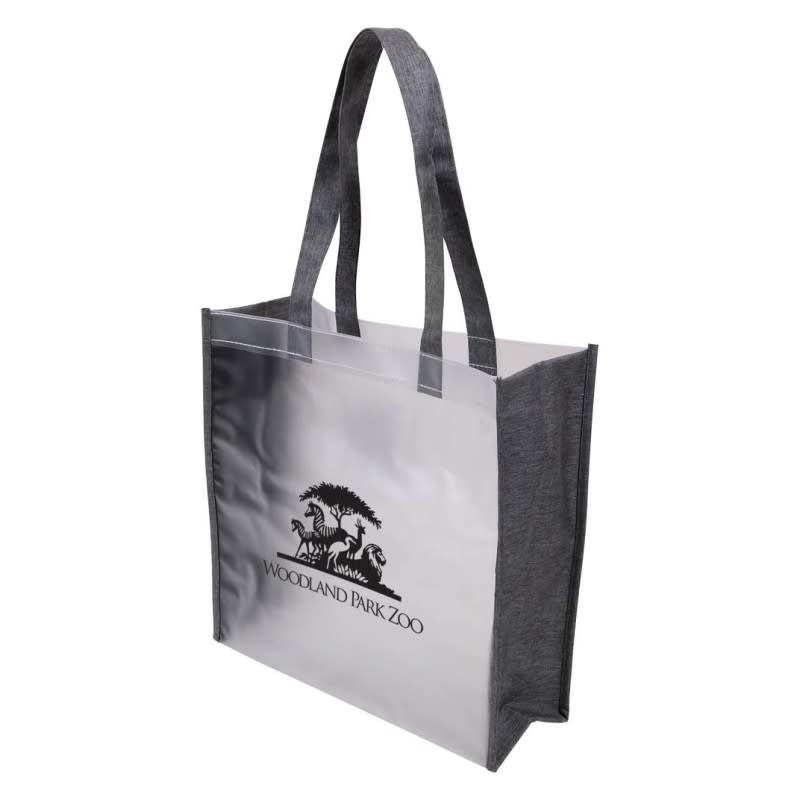 A grey tote bag with clear sides and sturdy handles, featuring a logo on the front.