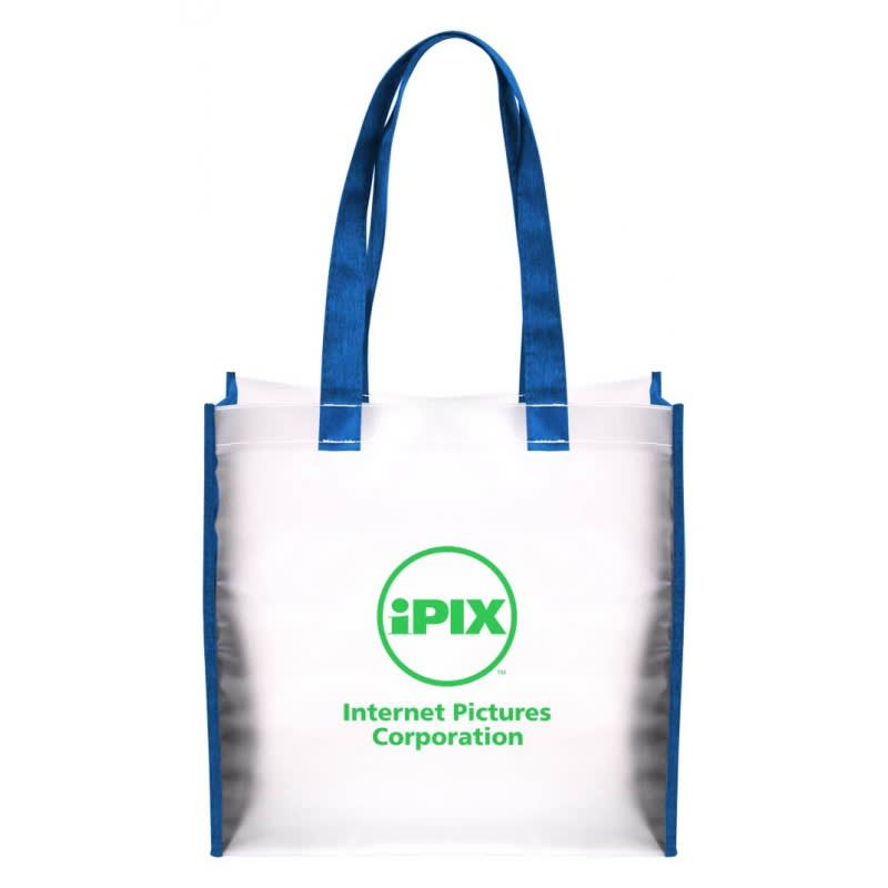 A transparent tote bag with blue handles and a logo in green at the centre.