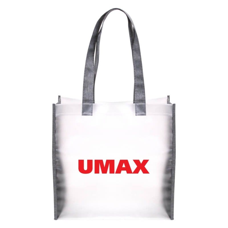 A transparent tote bag featuring grey handles and a prominent logo in red.