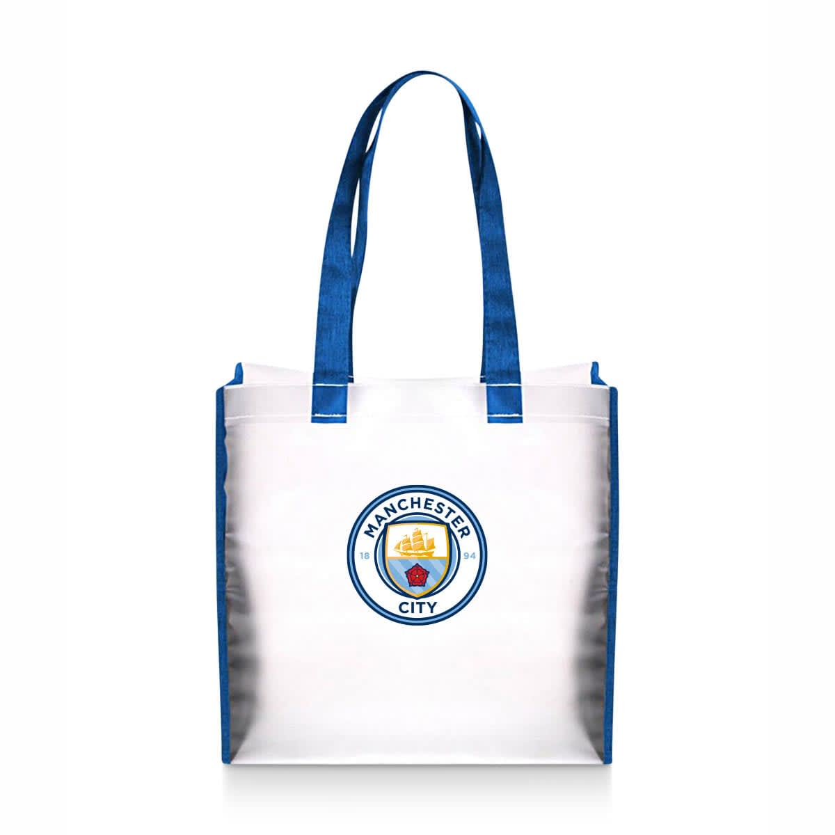 A tote bag in white with blue handles, featuring a logo on the front.