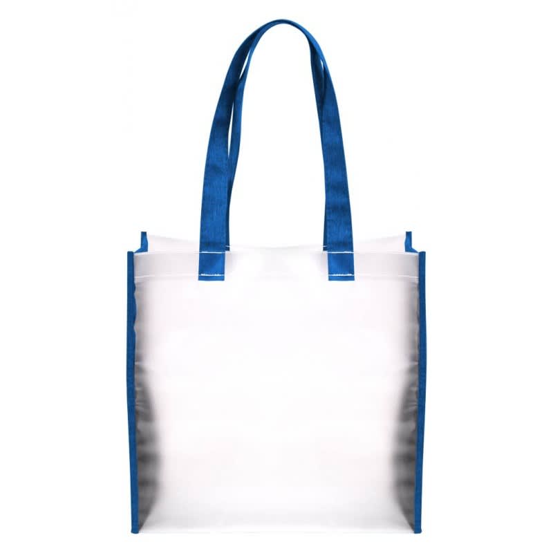 A transparent tote bag with blue handles and edges, featuring a branding logo.