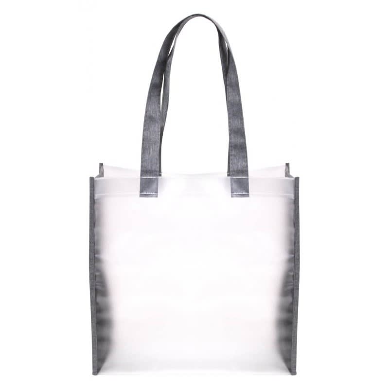 A transparent tote bag with grey handles and a simple, clean design, featuring a logo.
