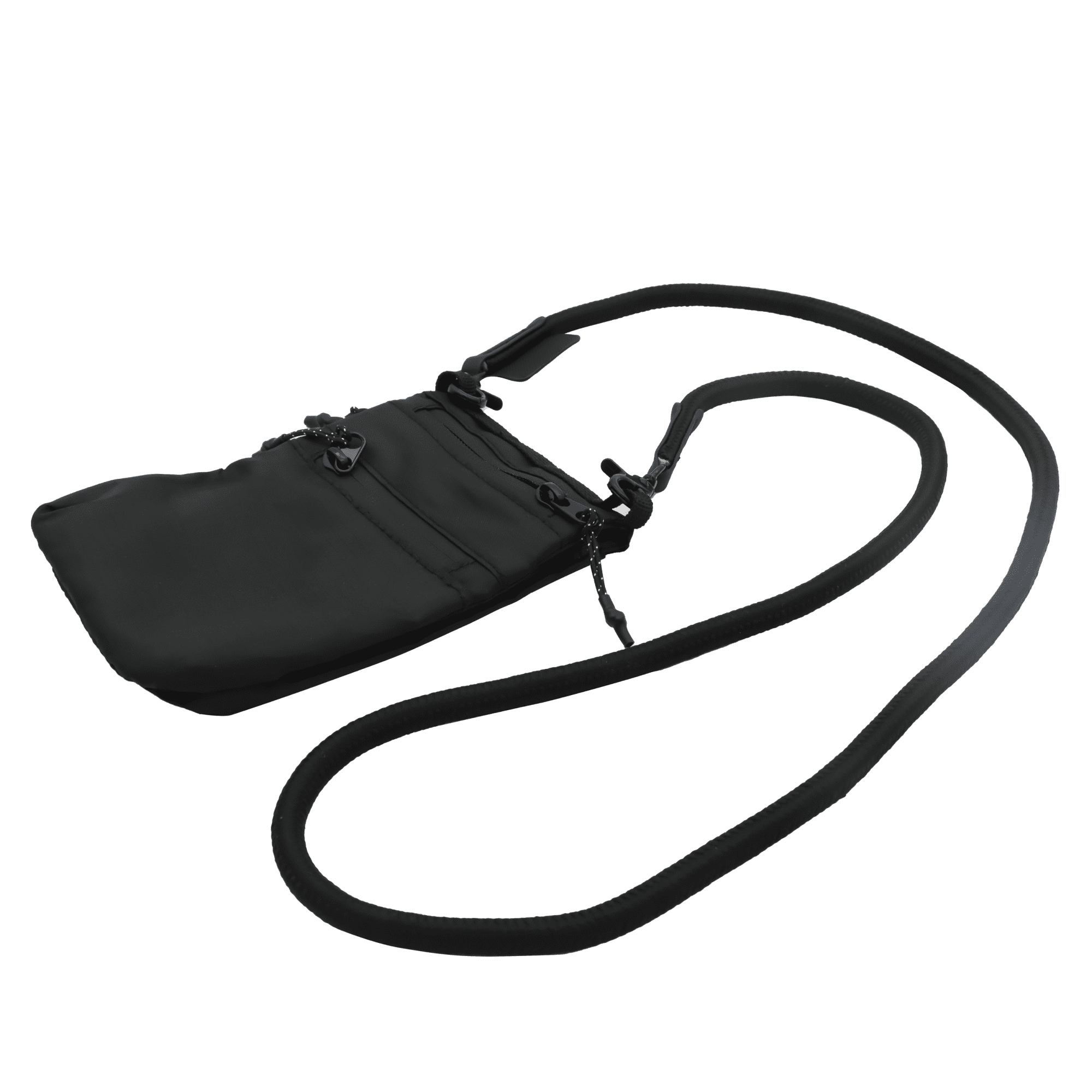 A black ripstop water-resistant pouch with a detachable strap for carrying, featuring zippers and a logo.