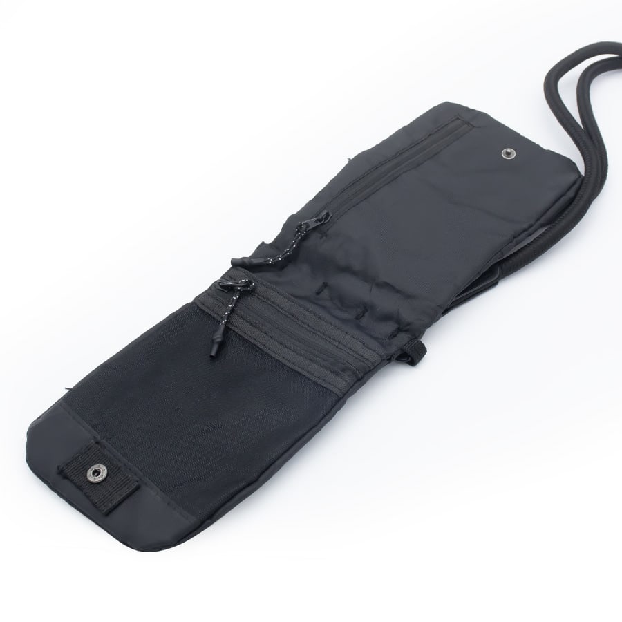 A black ripstop water-resistant pouch with a zippered compartment and a cord for carrying. It features a logo.