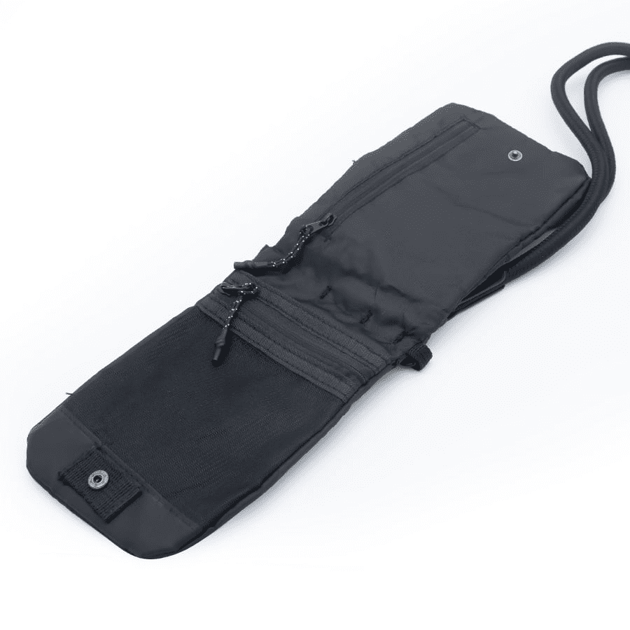 A black ripstop water-resistant pouch with zippers and a strap, featuring a logo.