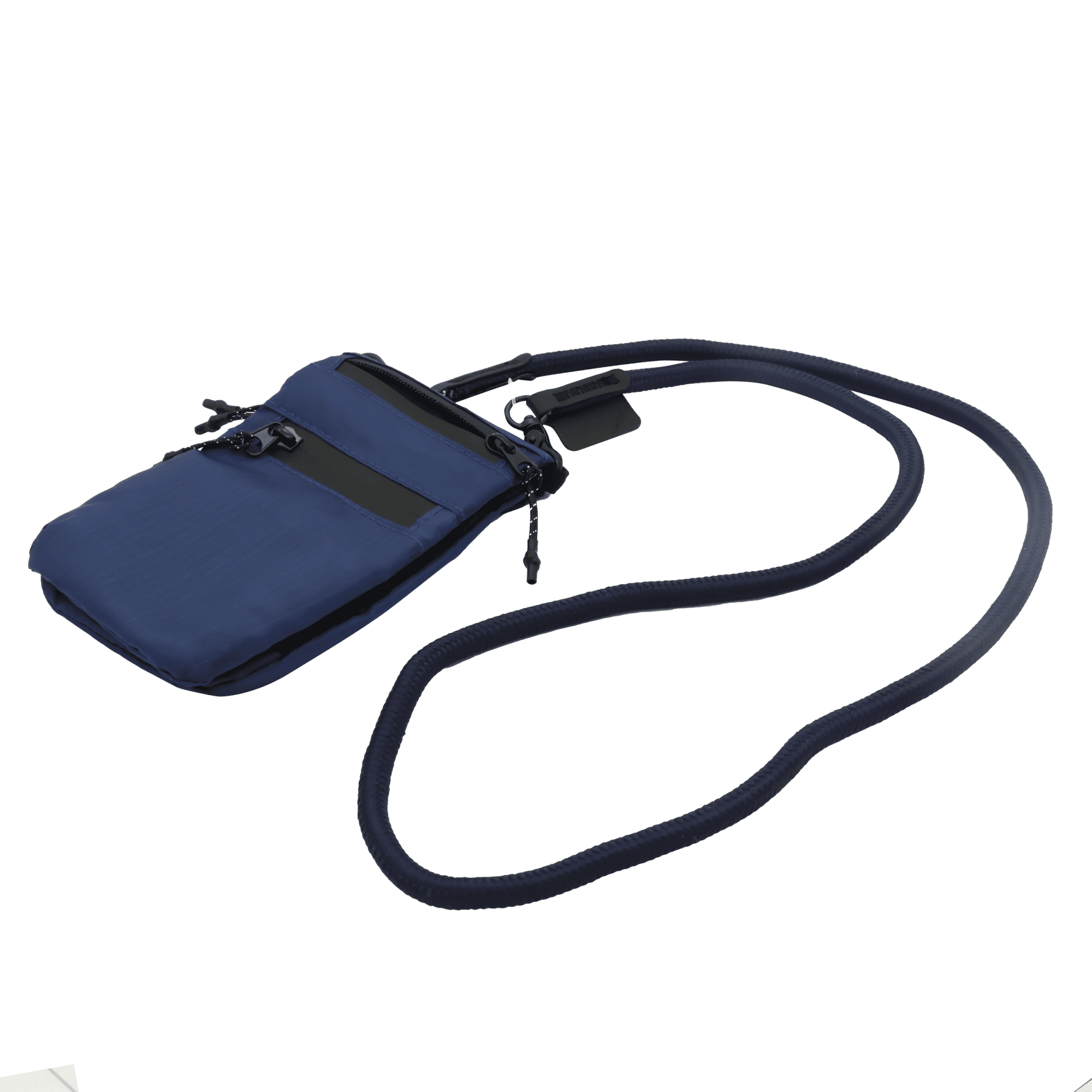 A navy blue ripstop water-resistant pouch with a adjustable strap and zip closure, featuring a logo.
