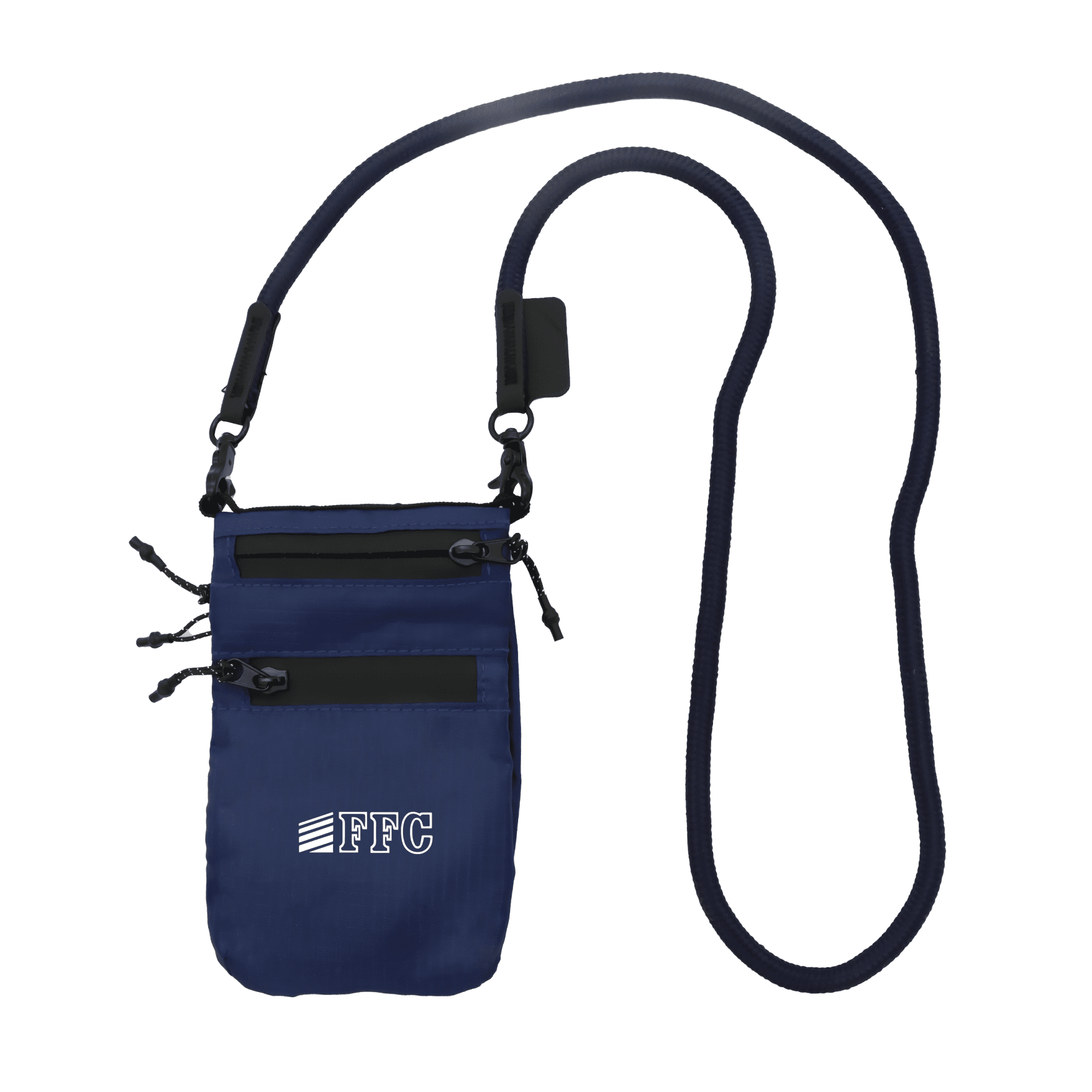 A navy blue ripstop water-resistant pouch with a shoulder strap, featuring zippers and a logo.