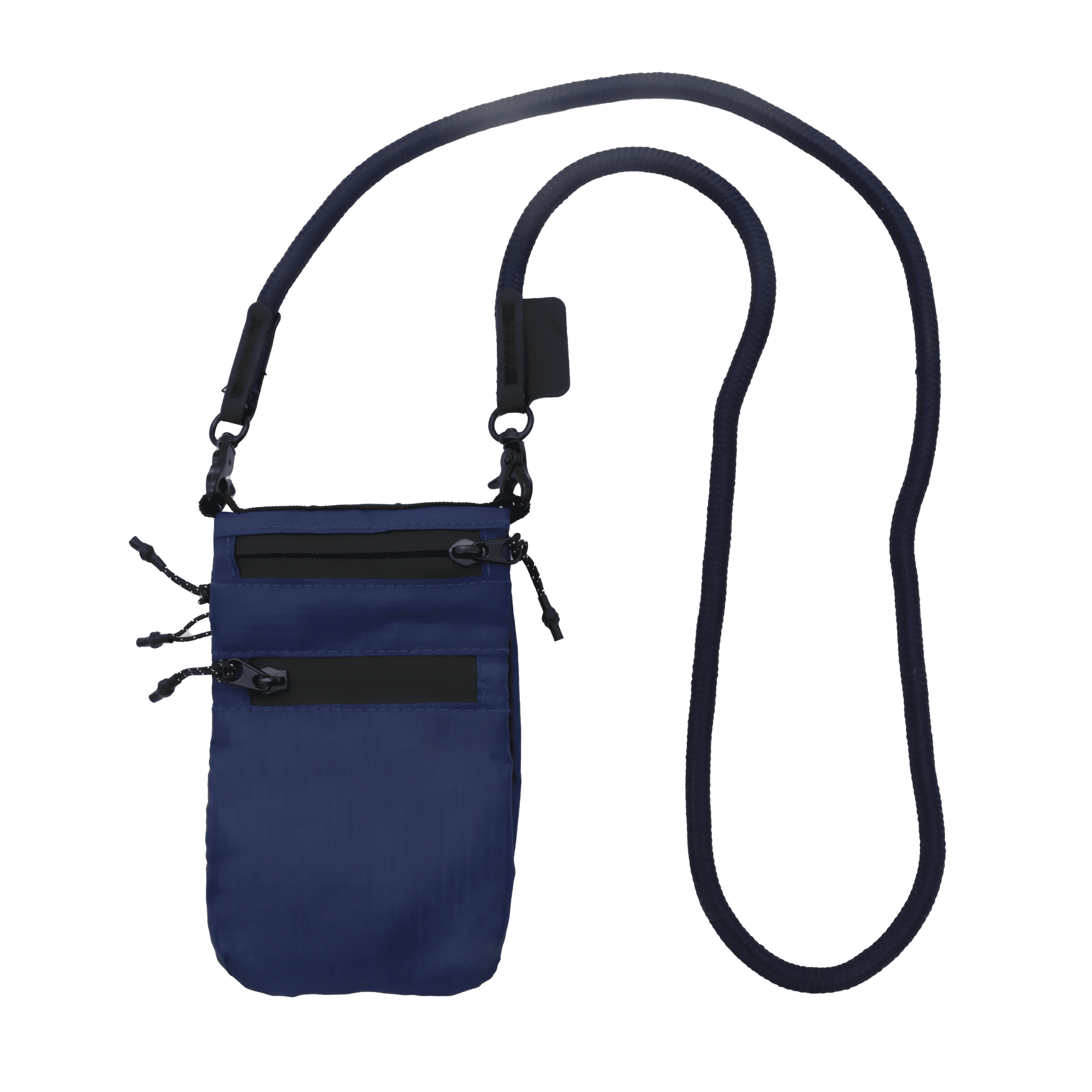 A navy blue ripstop water-resistant pouch with a long strap and multiple zippered pockets. It features a logo.
