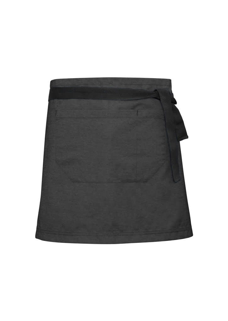 A dark grey waist strap apron with a tie belt and a front pocket, featuring a logo.