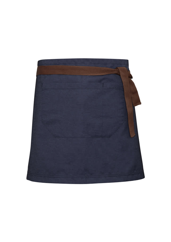 A navy blue waist apron with a brown tied waistband and a front pocket. It features a logo on the design.