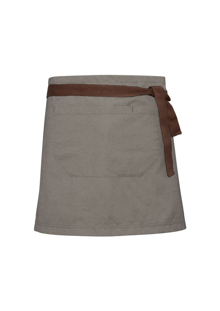 An olive green waist strap with a brown tie, featuring a pocket on the front. It has a logo on the waistband.