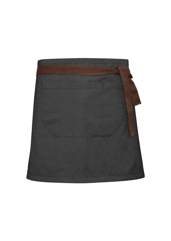 A dark grey waist apron with a brown tie belt and a single rear pocket. The apron features a logo on the fabric.