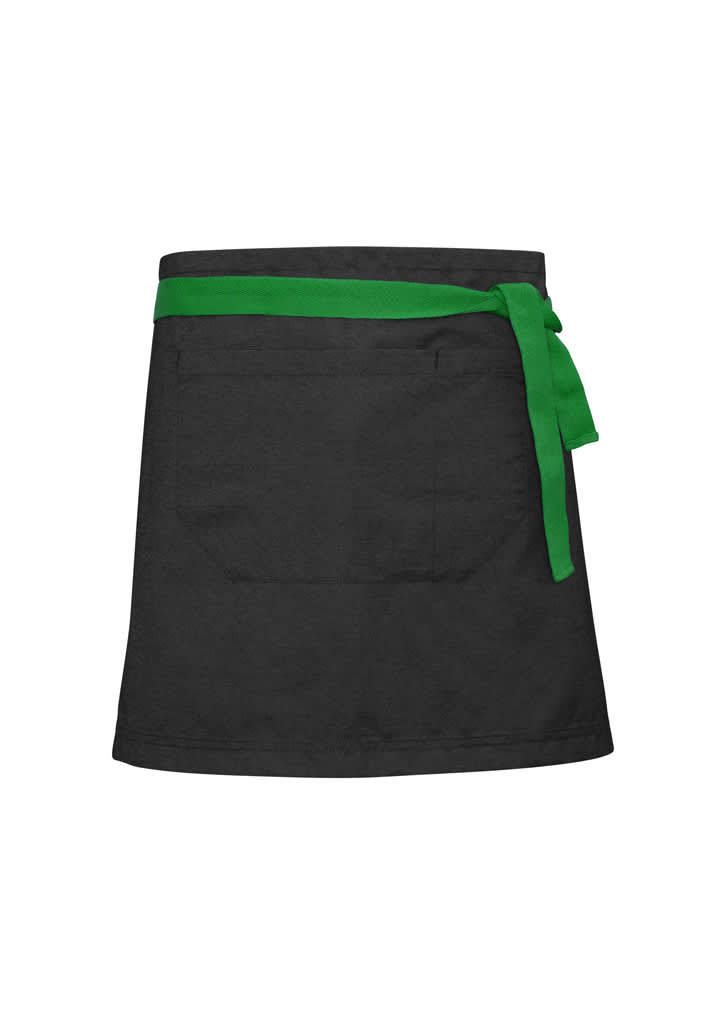 A black waist apron with a green tie and a pocket on the front, featuring a logo.
