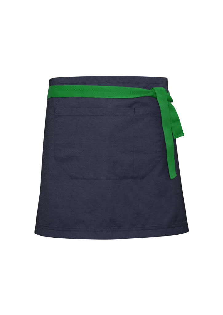 A dark navy apron with a vibrant green tie, featuring a front pocket and a simple design.