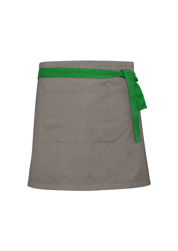 A grey waist apron with a green tie belt, featuring a back pocket and a simple design. It has a logo displayed.